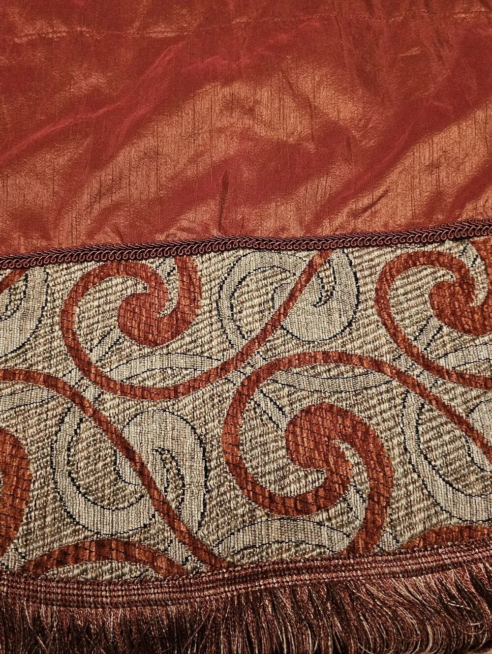 Rust Orange Valance- Patterned Brocade Border W Fringe